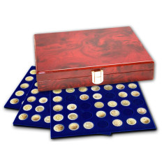 Cutie din lemn lucrata manual 3 tavi in catifea pentru 105 monede de 26 mm - Premium