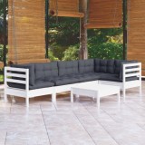 VidaXL Set mobilier de grădină cu perne, 6 piese, alb, lemn de pin