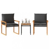 Set bistro cu perne, 3 piese, negru, poliratan și lemn acacia