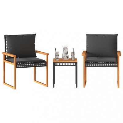 Set bistro cu perne, 3 piese, negru, poliratan și lemn acacia foto