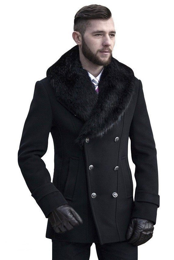 Palton barbati negru cu guler de blana B135 | Okazii.ro