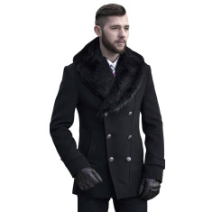 Palton barbati negru cu guler de blana B135