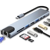 Cumpara ieftin Hub adaptor multiport 8 in 1 USB-C, HDMI 4K 30Hz, Ethernet, USB 3.0, USB 2.0, Power Delivery 87W, cititor SD si MicroSD, aluminiu, gri