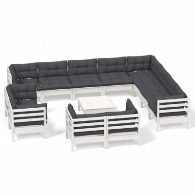 Set mobilier gradina cu perne, 13 piese, alb, lemn masiv pin foto
