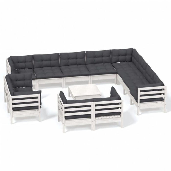 Set mobilier gradina cu perne, 13 piese, alb, lemn masiv pin