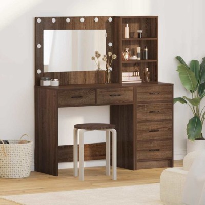 Set masă toaletă cu LED, 2 piese, stejar negru, lemn prelucrat foto