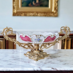 Centru de masa, fructiera, in stil Rococo cu brațe si piedestal din bronz, pictata manual, motive florale – Franta