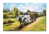 Cumpara ieftin Tablou Car cu boi pictat manual, 60x40cm ulei panza, reproducere Nicolae Grigorescu, Constantin Feraru