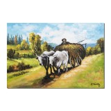 Tablou Car cu boi pictat manual, 60x40cm ulei panza, reproducere Nicolae Grigorescu, Constantin Feraru