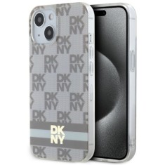 Husa iPhone 15 Plus - DKNY IML Checkered Mono Pattern &amp; Printed Stripes MagSafe (DKHMP15MHCPTSE) - Beige