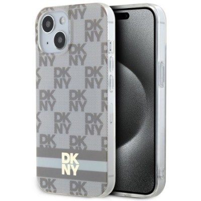 Husa iPhone 15 Plus - DKNY IML Checkered Mono Pattern &amp;amp; Printed Stripes MagSafe (DKHMP15MHCPTSE) - Beige foto