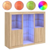 Cumpara ieftin Servanta cu lumini LED, 3 buc., stejar sonoma, lemn prelucrat
