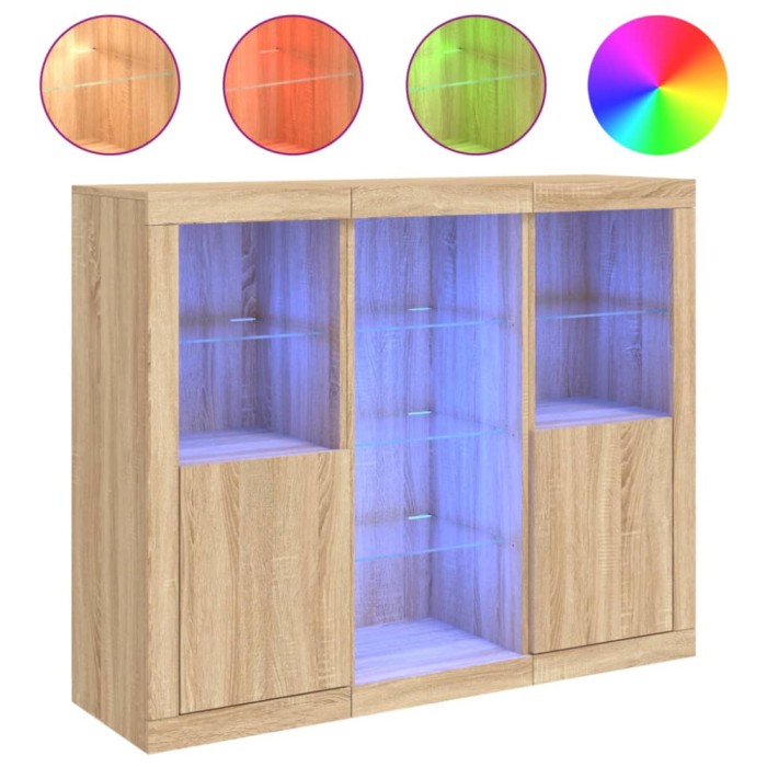 Servanta cu lumini LED, 3 buc., stejar sonoma, lemn prelucrat