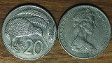 Noua Zeelanda - set 2 monede exotice - 2 x 20 cents 1982 &amp; 1986 - busturi diferite Elisabeta II / Pasarea Kiwi