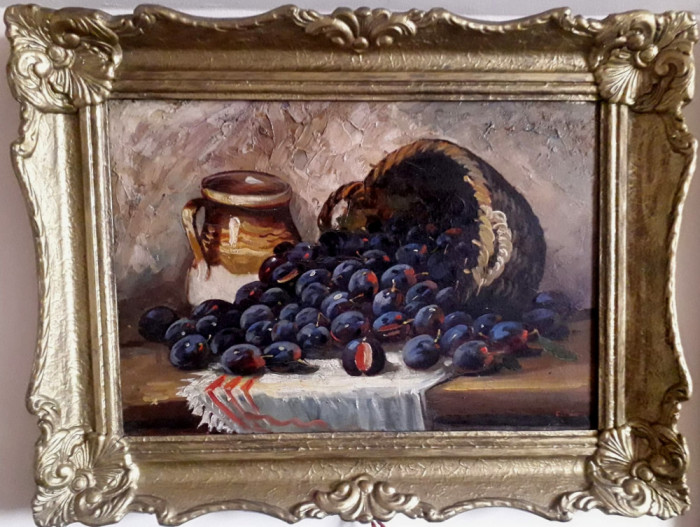 Constantin Păun-&quot;Coş cu prune&quot;, pictură &icirc;n ulei pe p&acirc;nză