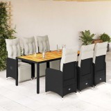 Set bistro de grădină, 7 piese, cu perne, negru, poliratan