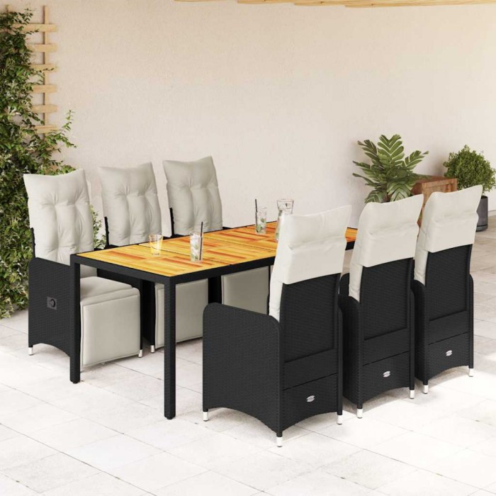 Set bistro de grădină, 7 piese, cu perne, negru, poliratan
