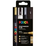 Marker UNI Posca PC-5M, varf rotund, 1. 8-2. 5mm, set 4 culori (negru, argintiu, auriu, alb)