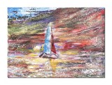 Tablou pictat manual, Peisaj marin cu catamaran, stilizat, 40x30cm acril pe panza in cutit efect 3D