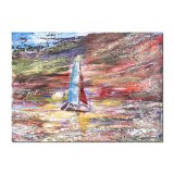 Tablou pictat manual, Peisaj marin cu catamaran, stilizat, 40x30cm acril pe panza in cutit efect 3D, gatat de agatat pe perete