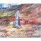 Tablou pictat manual, Peisaj marin cu catamaran, stilizat, 40x30cm acril pe panza in cutit efect 3D, Kenny Varniote