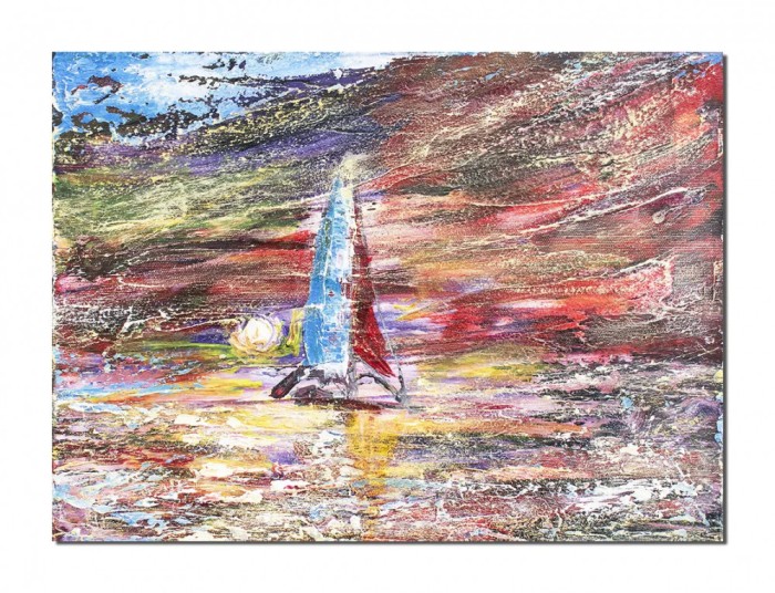 Tablou pictat manual, Peisaj marin cu catamaran, stilizat, 40x30cm acril pe panza in cutit efect 3D, Kenny Varniote