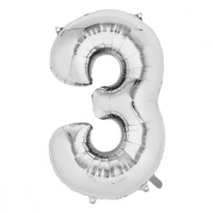 Balon din folie flippy, cifra 3, 81 cm, pentru aer sau heliu, bulk, argintiu