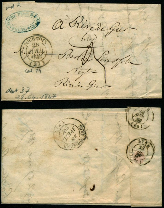France 1847 Rare Stampless Cover + Content Bourgoin Rive de Gier D.1073
