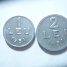 2 Monede Romania 1 leu si 2 lei 1951 , aluminiu , cal. F.Buna