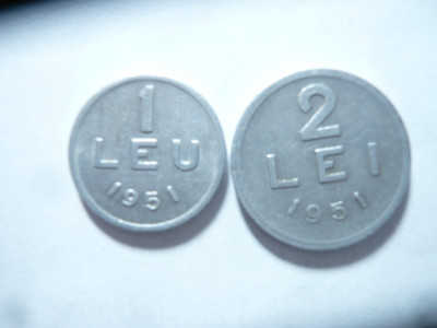 2 Monede Romania 1 leu si 2 lei 1951 , aluminiu , cal. F.Buna foto