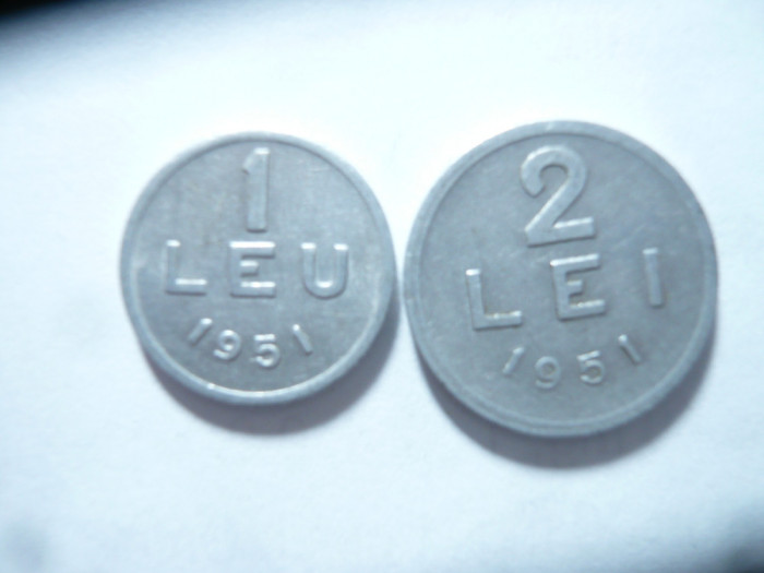 2 Monede Romania 1 leu si 2 lei 1951 , aluminiu , cal. F.Buna