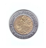 Moneda San Marino 500 lire 1992, 500 ani de la descoperirea Americii, stare foarte buna, curata