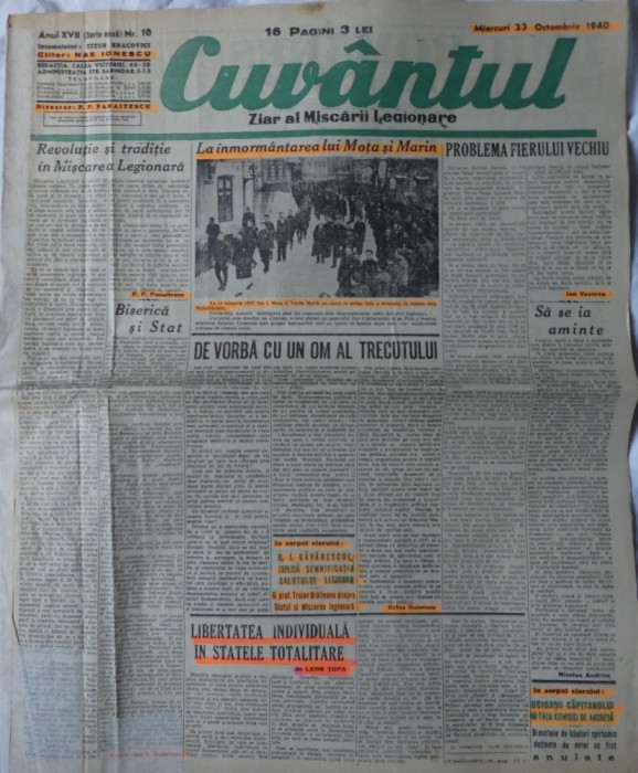 Cuvantul, ziar al miscarii legionare, 23 Octombrie 1940