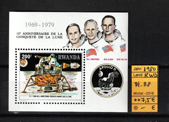Rwanda / Ruanda, 1980 | 10 ani de la aselenizare - Apollo - Cosmos | MNH | aph