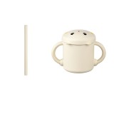 Set 2 Piese Hranire Bebelusi si Copii, Cyrax, Cana cu Capac si Pai, din Silicon, fara BPA, de la 12 Luni, Model Pisicuta, 12 x 9.5 x 11 cm, Bej