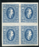 1865 , Lp 16 , Cuza 5 Par albastru / h. alba , bloc de 4 timbre - MNH+MH, Nestampilat