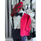 Costum botez 5 piese stofa, carouri rosu- DPH351