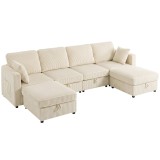 HOMCOM Canapea Modulară &icirc;n U cu 4 Locuri, 2 Pufuri cu Depozitare, Catifea Reiată, 306x153x85 cm, Crem | Aosom Romania