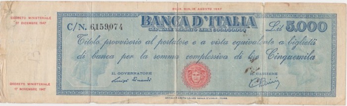ITALIA 5000 LIRE 1947 Titolo provisorio UZATA