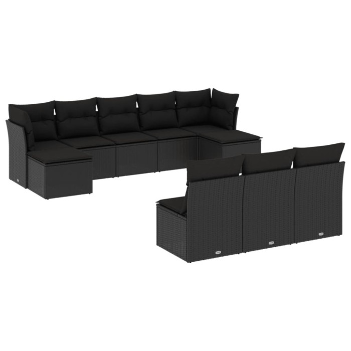 Set canapele de gradina cu perne, 10 piese, negru, poliratan