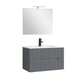 Set Mobilier Baie Leziter Trent 80cm, Gri Antracit, Ceramica, Suspendat, 2 Sertare Soft-close, Oglinda 60x80cm