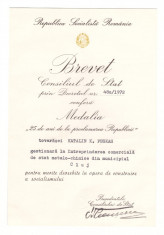 Brevet pentru Medalia 25 ani de la proclamarea Republicii, 1972 foto