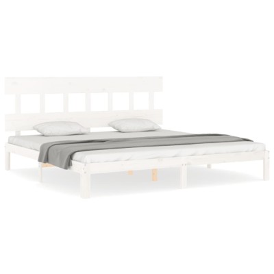 Cadru de pat cu tablie Super King Size, alb, lemn masiv foto