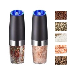 Set de 2 Rasnite electrice de Sare si Piper, Cyrax, cu Camere Depozitare Transparente, Macinare, Functionare pe Baterii, cu Lumina, ABS, 20x6.5 cm, Ne