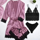 Set Pijama de Dama 4 Piese din Satin, Culoare Mov - ANI119
