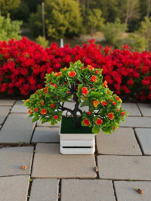 Copăcel decorativ artificial 25 cm cu flori portocalii
