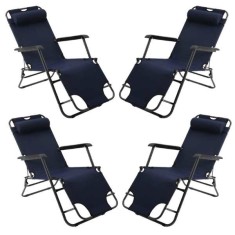 Set 4 Sezlonguri cu Tetiera, Cadru Metalic si Panza Oxford 600D Impermeabila, Rezistent UV, Mag 150 kg, 178x60x79 cm, Navi Blue