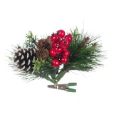 Ornament Crăciun, Ramură de Pin, Clips, Conuri și Rodii, Roșu/Verde, 15cm, Oem