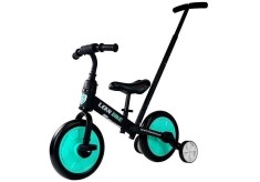 Bicicleta 3 in 1, cu pedale si roti ajutatoare pentru copii, negru-turcoaz, LeanToys, 7679