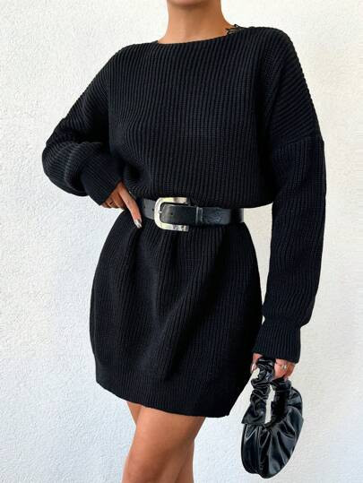 Rochie mini tip pulover, model tricotat, negru, dama